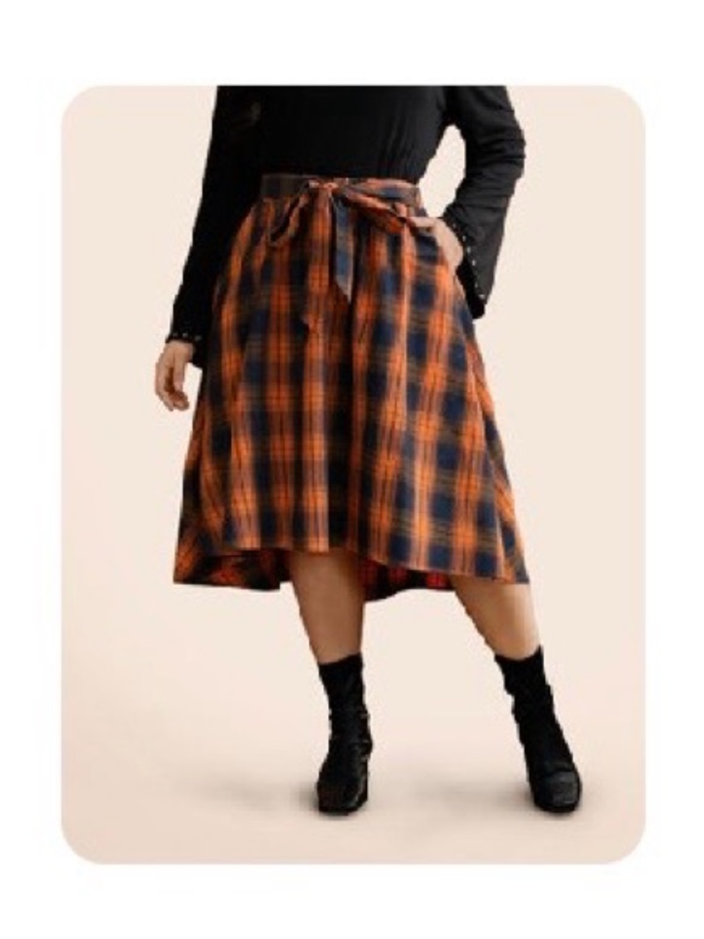 Plaid Tie-Waist A-Line Midi Skirt - Orange & Navy